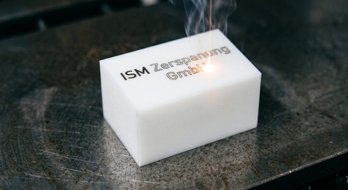 Laserbeschriftung ISM Zerspanung GmbH auf einem weißen Kunststoffblock