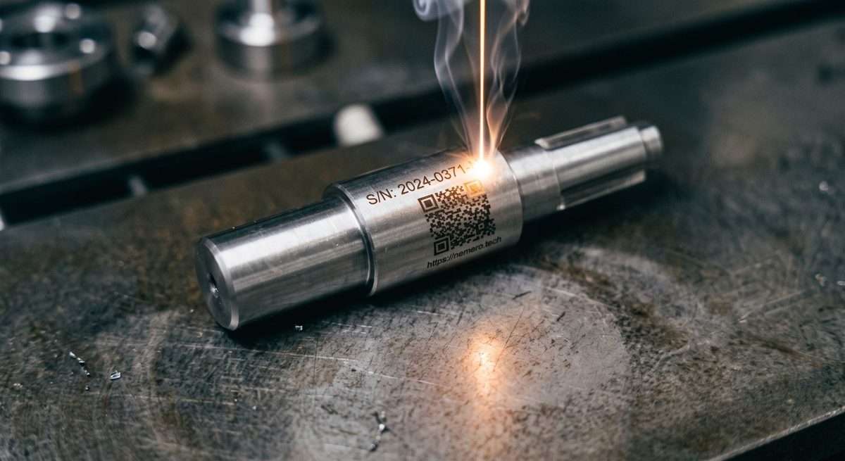 Seriennummer und QR-Code, per Laser auf eine gedrehte Welle graviert